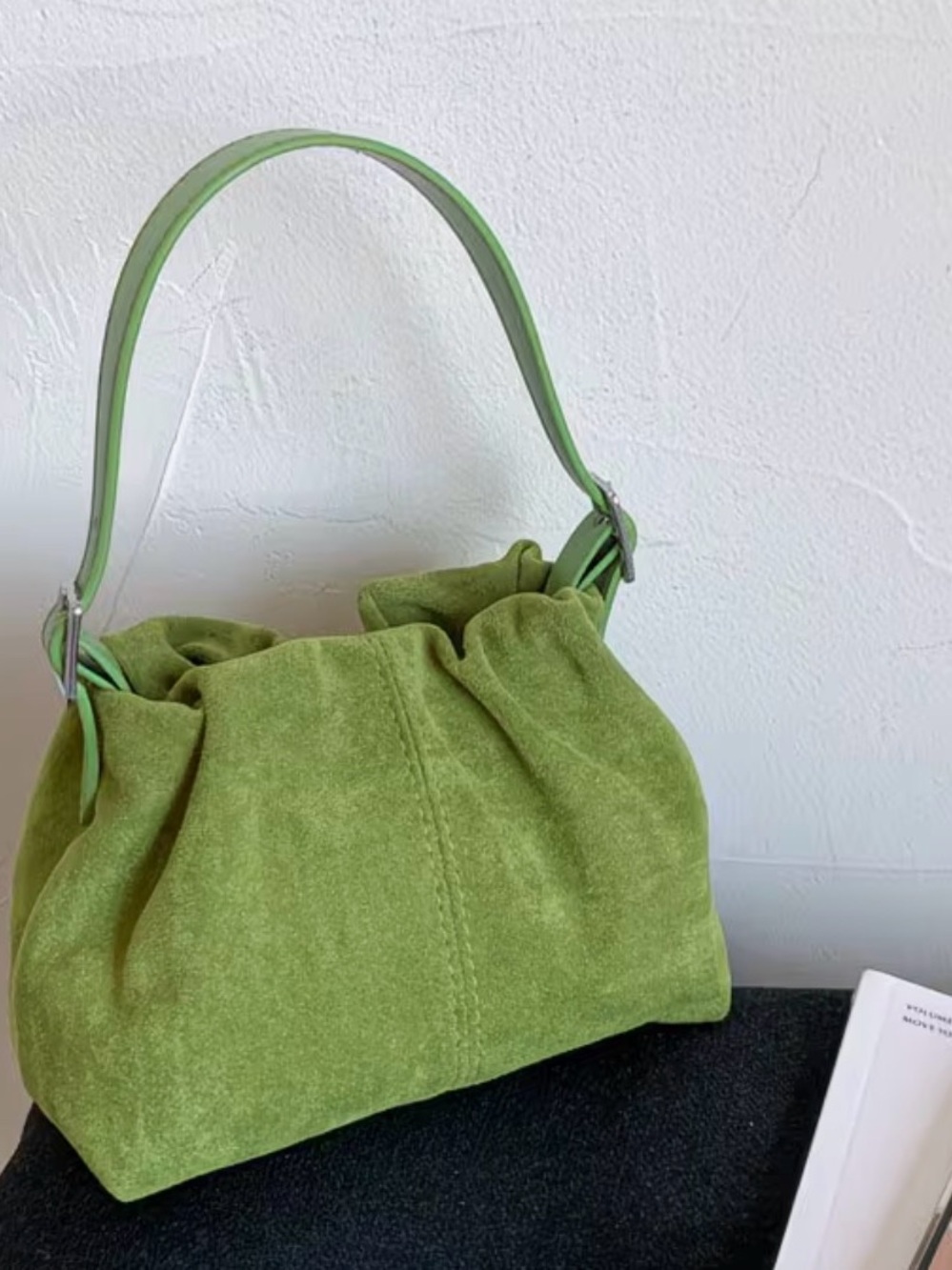 Green Suede Gathered Shoulder Bag